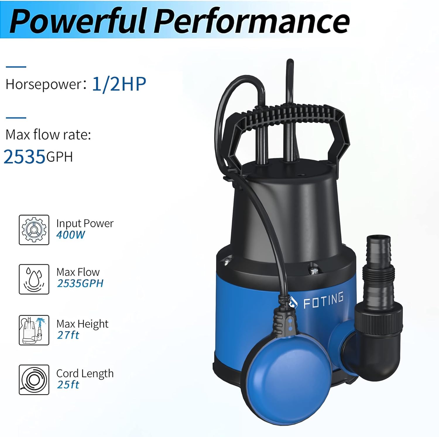 FOTING 1/2 HP Sump Pump Submersible with Float Switch, 2535 GPH Water Pump for Pool Draining, Portable Submersible Utility pump for Swimming Pool Garden Pond Flooded Basement