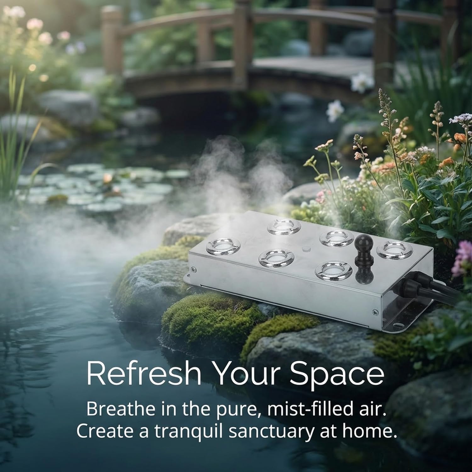 Ultrasonic Fogger Mist Maker, Stainless Steel 6-Head, DC45-48V – Quiet Ultrasonic Performance, IP67 Waterproof Power Supply, Ideal for Garden and Pond