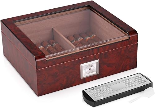 Woodronic Humidor de cigarros con higrómetro, humidificador, forro de cedro español y divisor, caja de cigarros superior de vidrio hecha a mano para