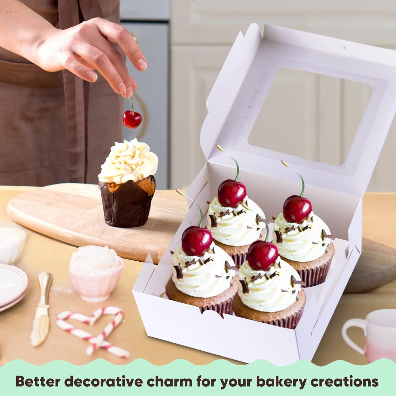 White Cupcake Boxes 4 Holes (Pack of 25) with 100 Multicolor Cupcake
