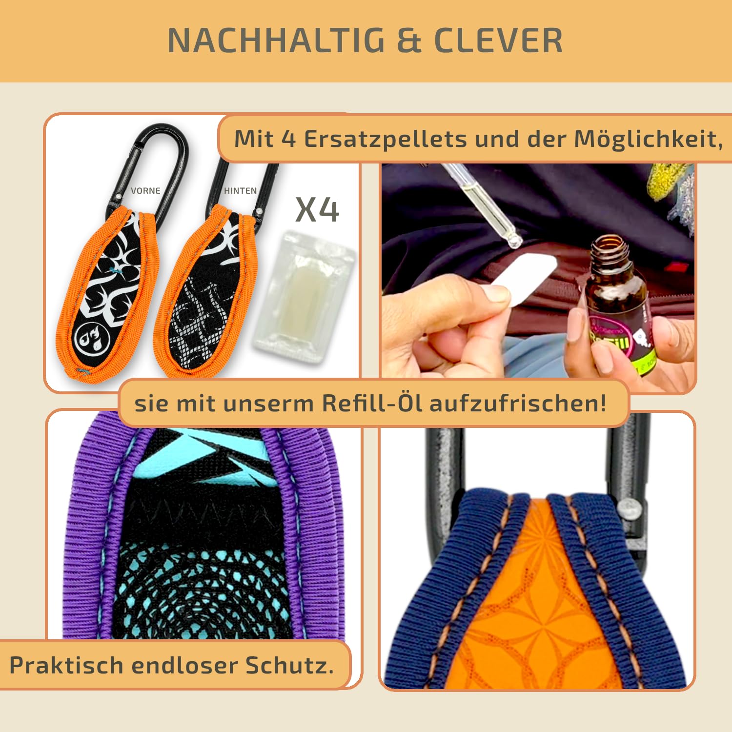 OLLEENO® Mückenschutz Clip Moskito Insektenschutz Anhänger für Outdoor Camping Wandern Sport Anti Mücken Clip aus Neopren (4 Stück + 4 Nachfüll-Pellets)
