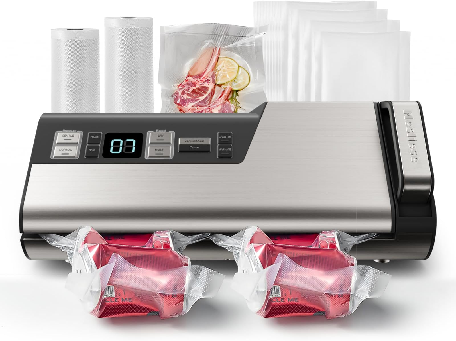Vacuum Sealer Machine, 95kPa 140W One Hand Operation Food Sealer, Double Seal Strip with Build-in Cutter & Countdown Display, 2 Bag Rolls, 5PCS Pre-cut Bags, PULSE & Marinate Enabled