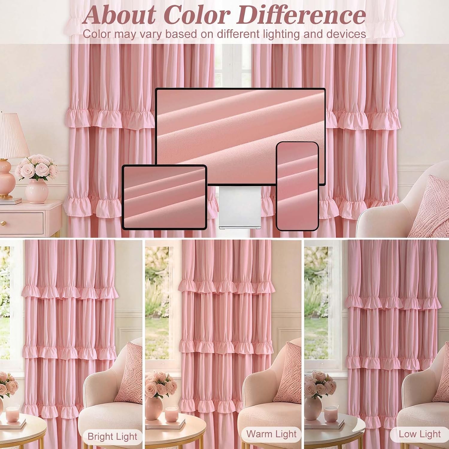 Yinhua Pink Ruffle Curtains for Living Room Blackout Curtains for Girls Bedroom 84 Inch Long with 3 Rows of Ruffles, Room Darkening Nursery Curtain Rod Pocket Thermal Insulated Drapes, 2 Panels