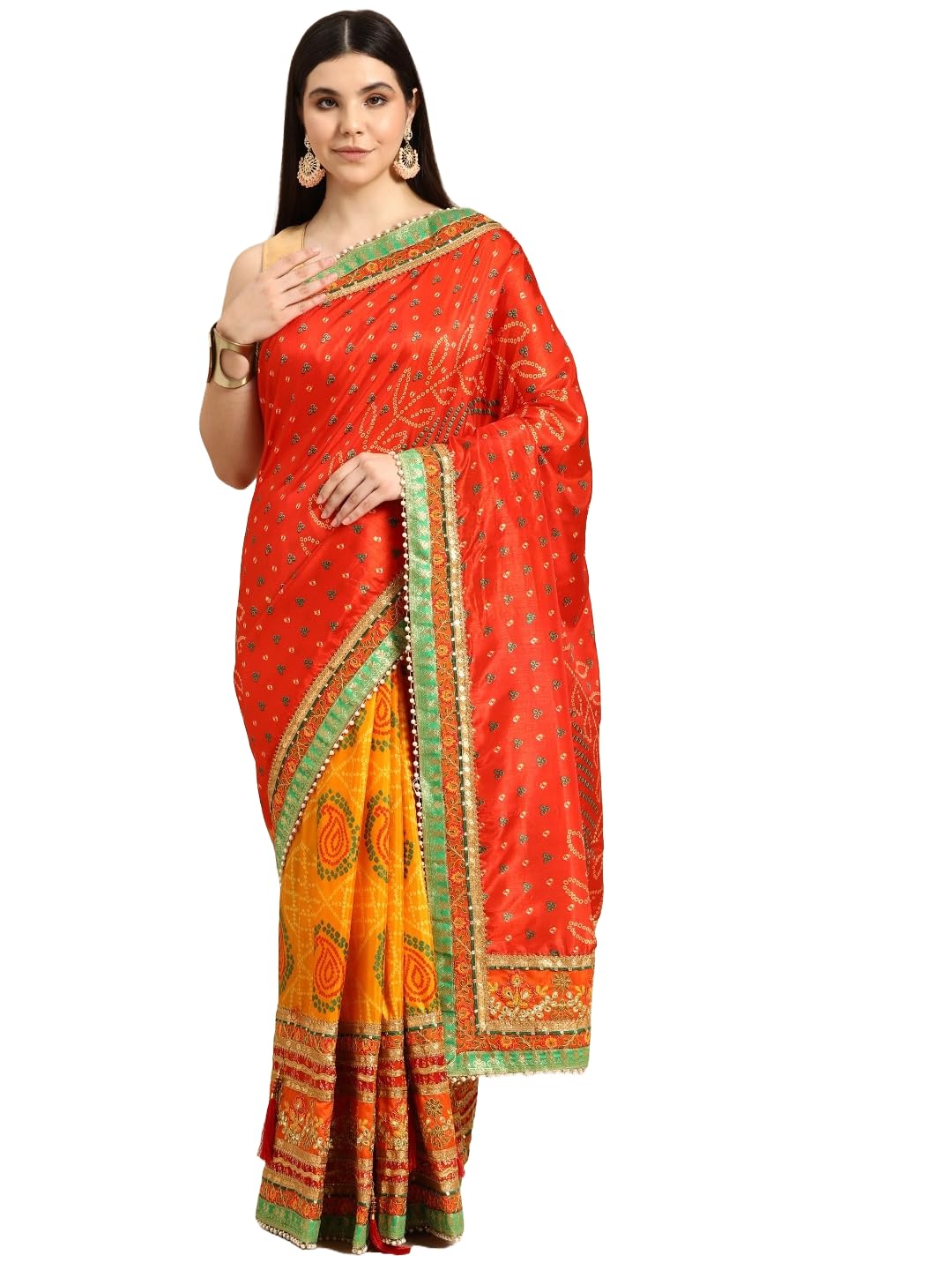 Pandadi Saree Women's Soft Dola Silk With Bhandhani With Colourful Embroidery Heavy Lace Saree With Blouse (Multicolor)