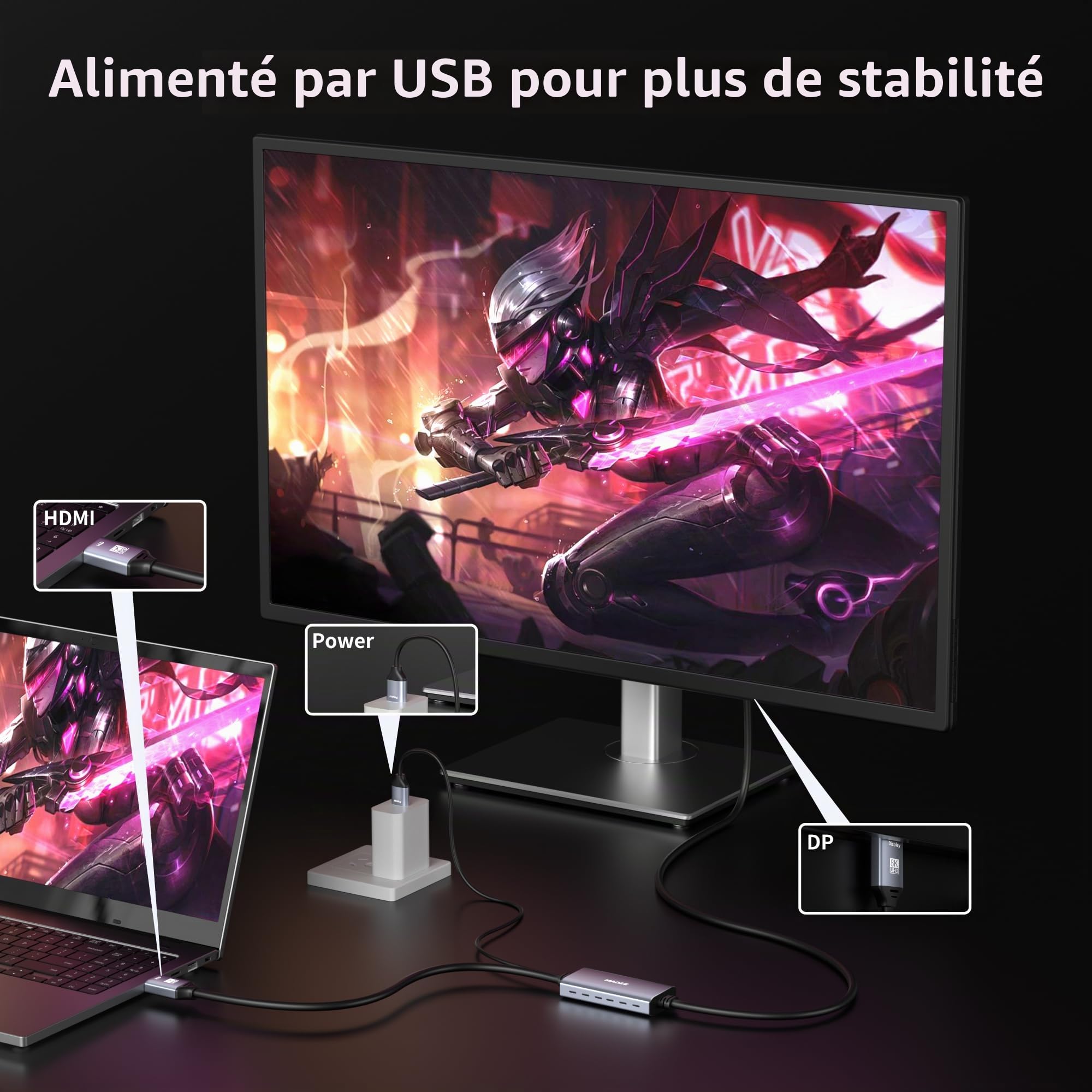Câble HDMI 8K vers Displayport, adaptateur HDMI 2.1 à 4K@120Hz vers Displayport 1.4, alimentation USB, pour ordinateurs portables, cartes graphiques dédiées, PS5 et Xbox Series X, et moniteurs