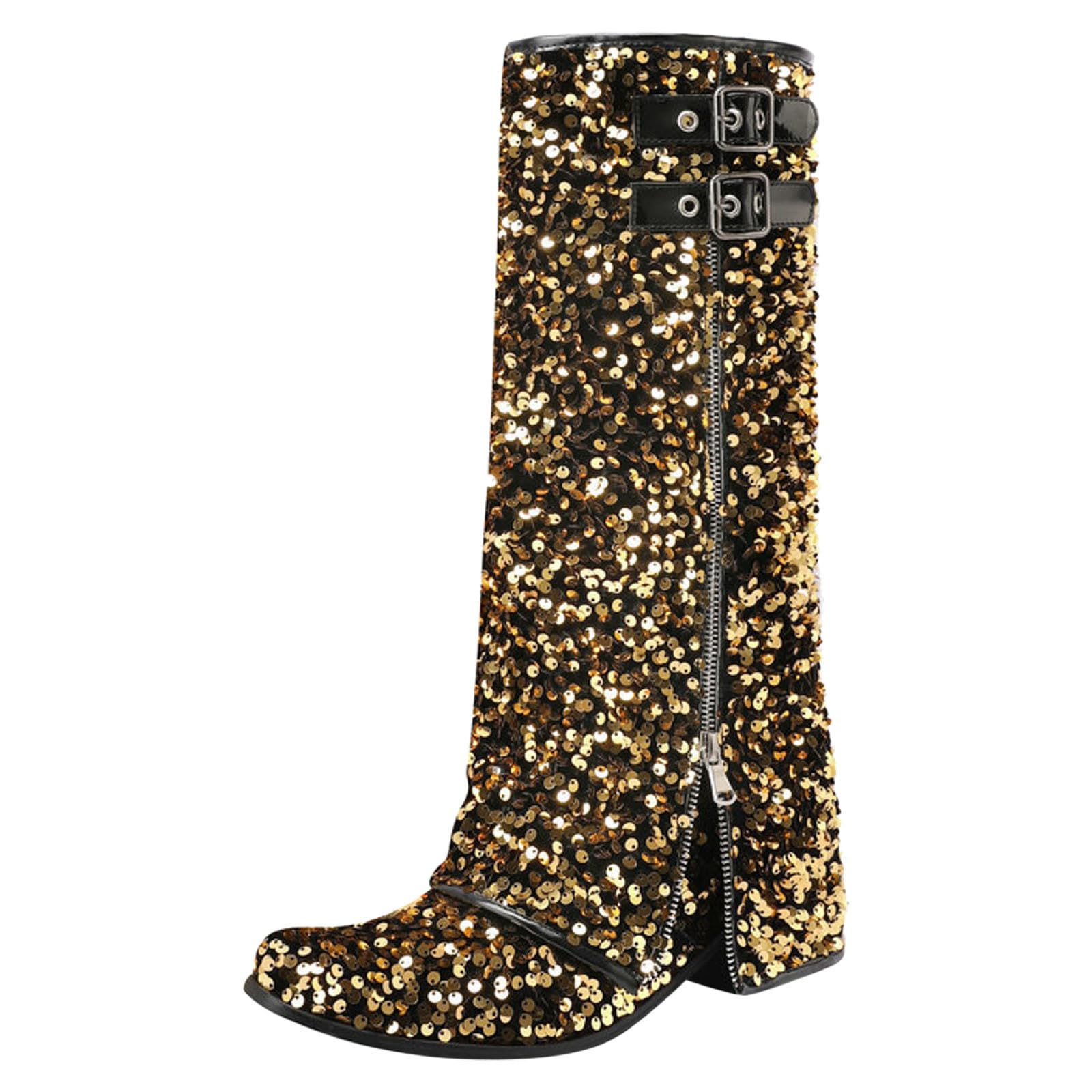 Generisch Stivali invernali da donna a metà polpaccio, alla moda, con paillettes, con zip alla moda, tacco basso, vestibilità comoda per le giornate fredde