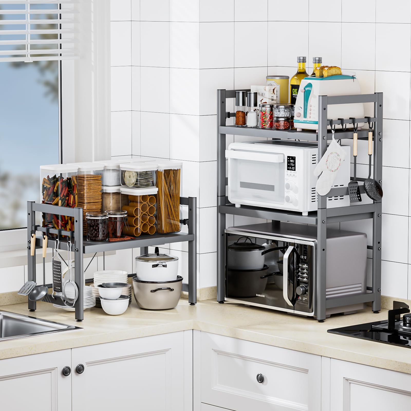 Soporte para Microondas y Horno Cocina 3 Niveles, Estanteria para Microondas Encimera con 8 Ganchos, Mueble Extensible Microondas Cocina