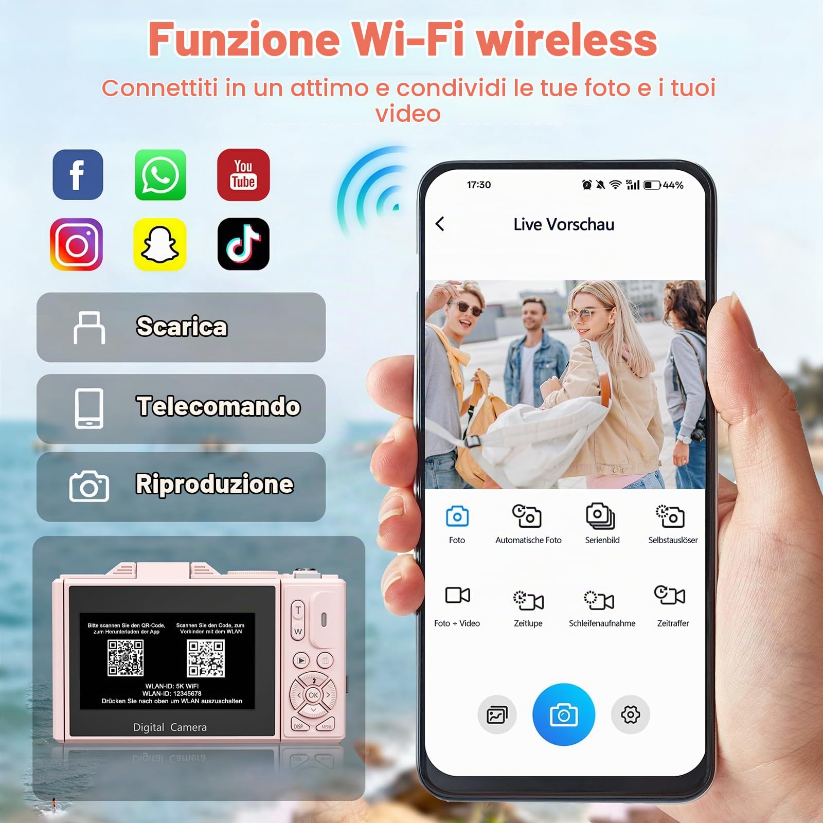 Fotocamera digitale 4K con Wi-Fi, 64 MP, fotocamere compatte da 3 pollici, 180 gradi, messa a fuoco automatica, ricaricabile, vlogging, fotocamera con WiFi