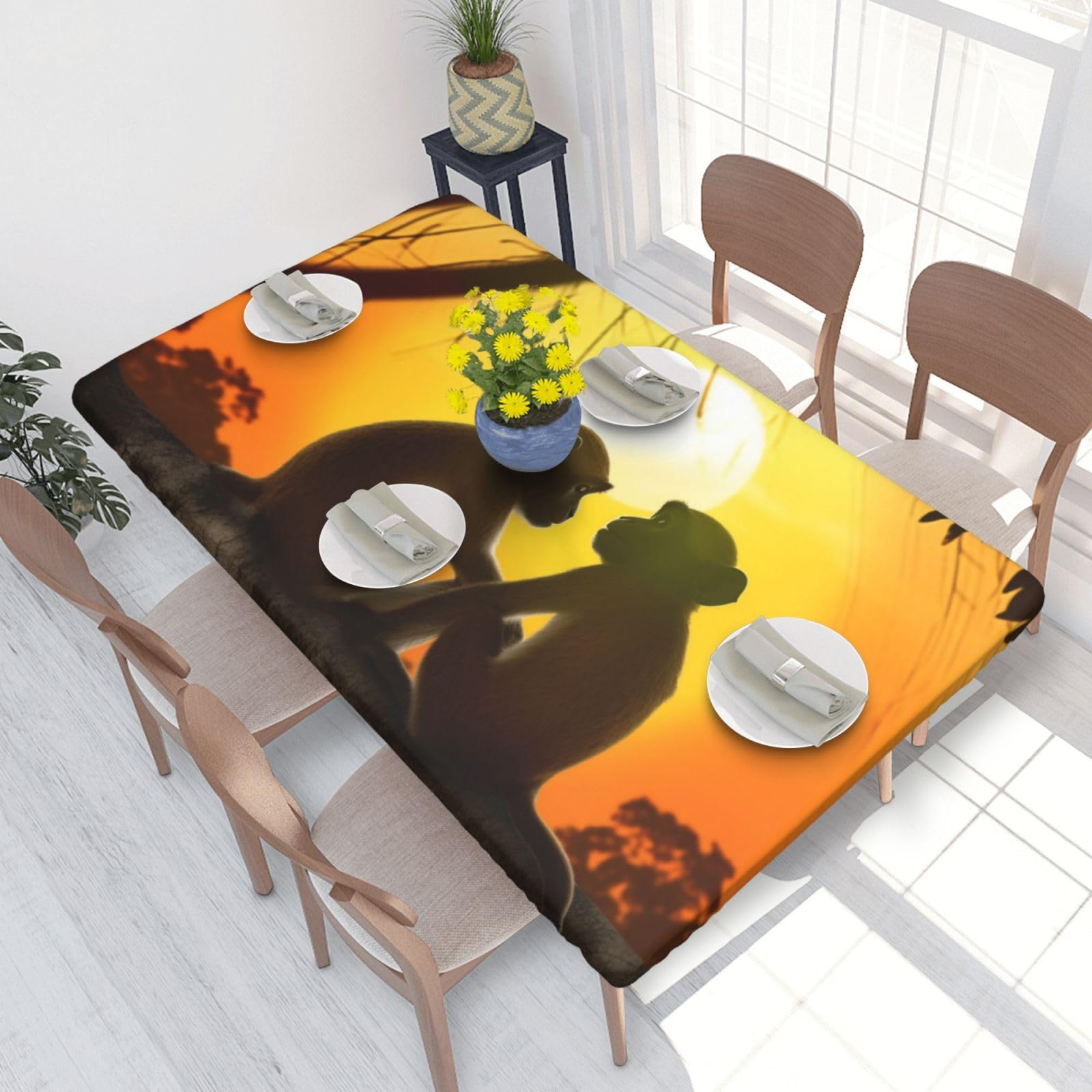 DCARSETCV Cute Couple Monkey Printed 4FT Waterproof Tablecloth with Elastic Edged Protect & Decor Your Table, Oil-proof Washable Table Cloth Cover for Dinner Picnic Party
