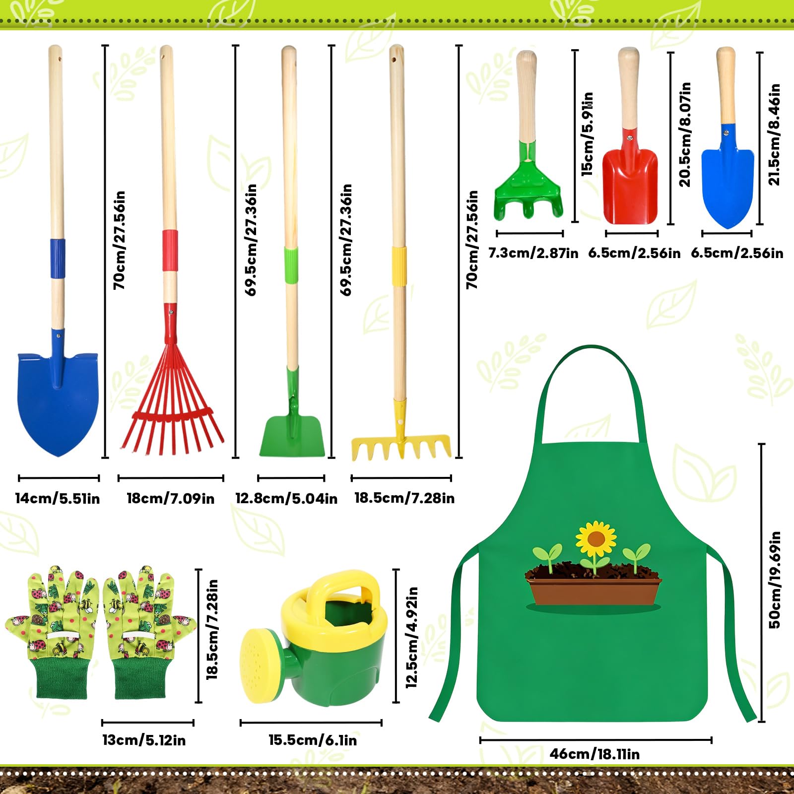 Kit Jardineria Niños, 10pcs Herramientas Jardin Set con Pala, Rastrillo, Tenedor, Guantes de Trabajo, Herramientas de Jardín (B)