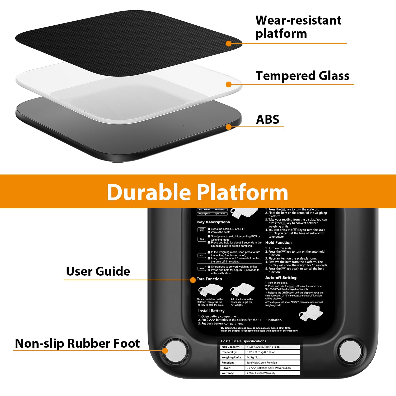 GRAM PRES Báscula de envíos digital de 200 kg/10 g con pantalla LCD, funciones de retención/tara/piezas para paquetes/equipaje/oficina de correos/perro, batería y cable USB incluidos