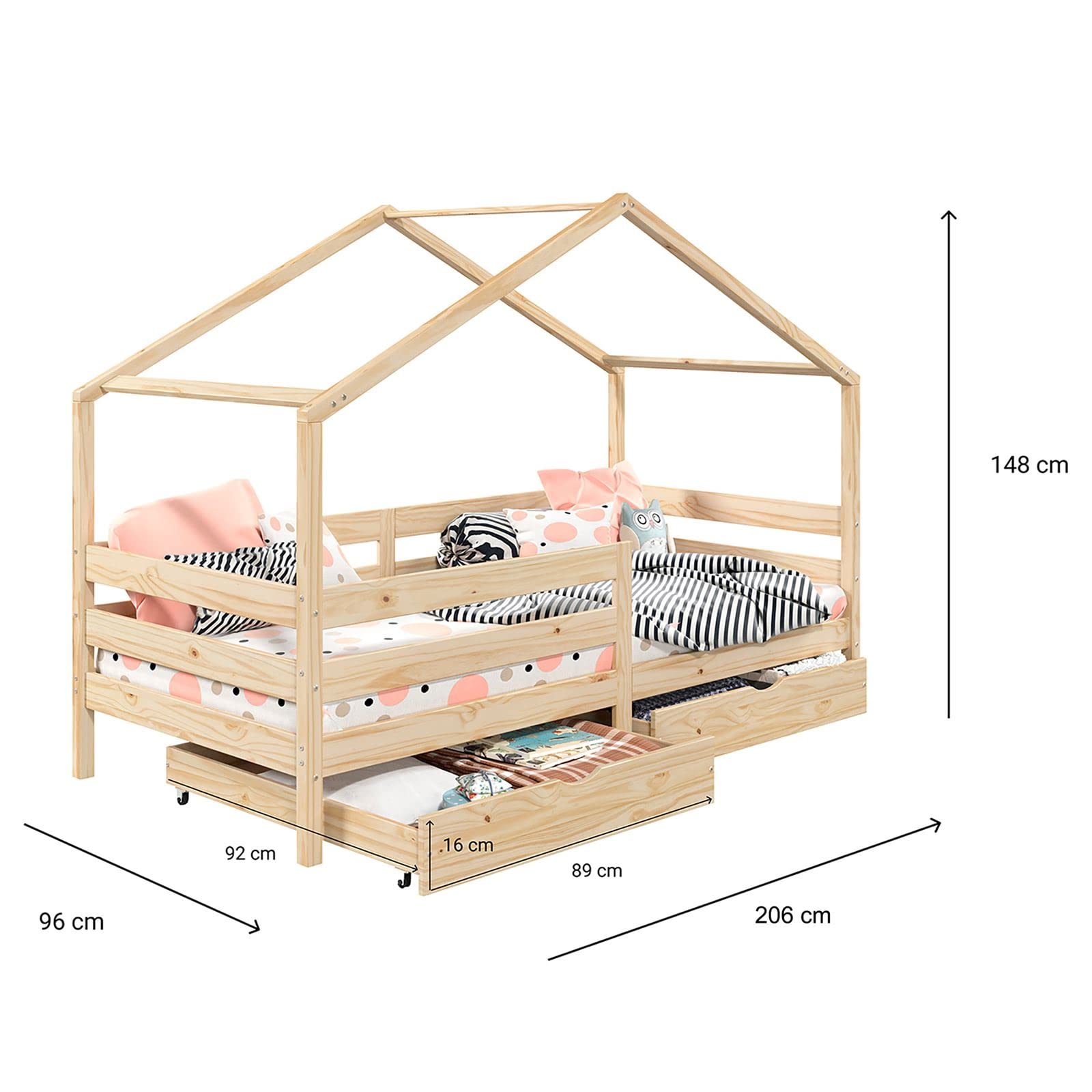 IDIMEX Hausbett ENA aus massiver Kiefer, schönes Montessoribett in 90 x 200 cm, Kinderbett mit Rausfallschutz, stabiles Spielbet mit Dach und 2 Schubladen in Natur