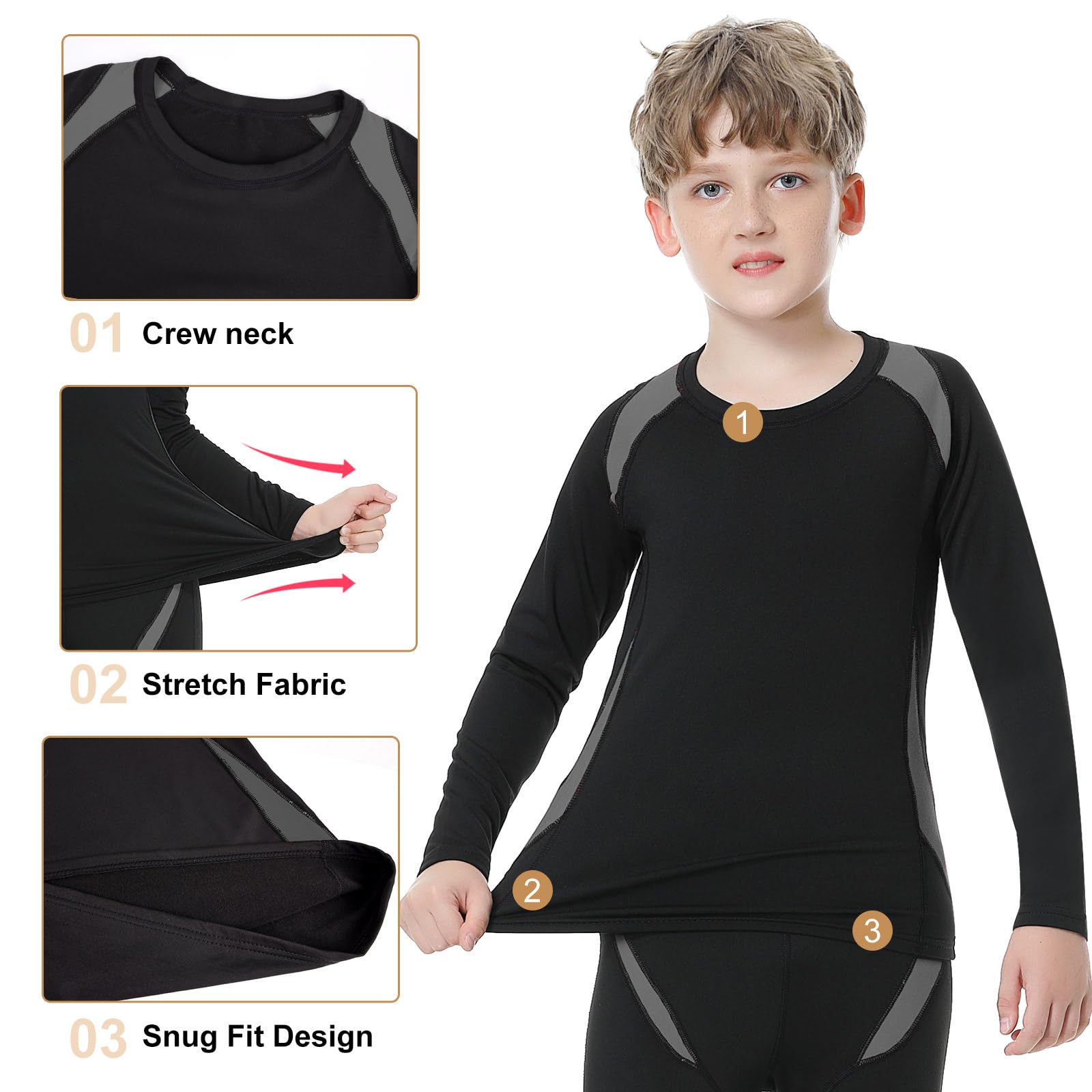 Xnova Intimo Termico Bambino 115-165cm, Biancheria Intima Set Maglia e Pantaloni, Traspirante Riscaldante Base Layer Set Intimi Funzionale per Sonno Corsa Sci Calcio