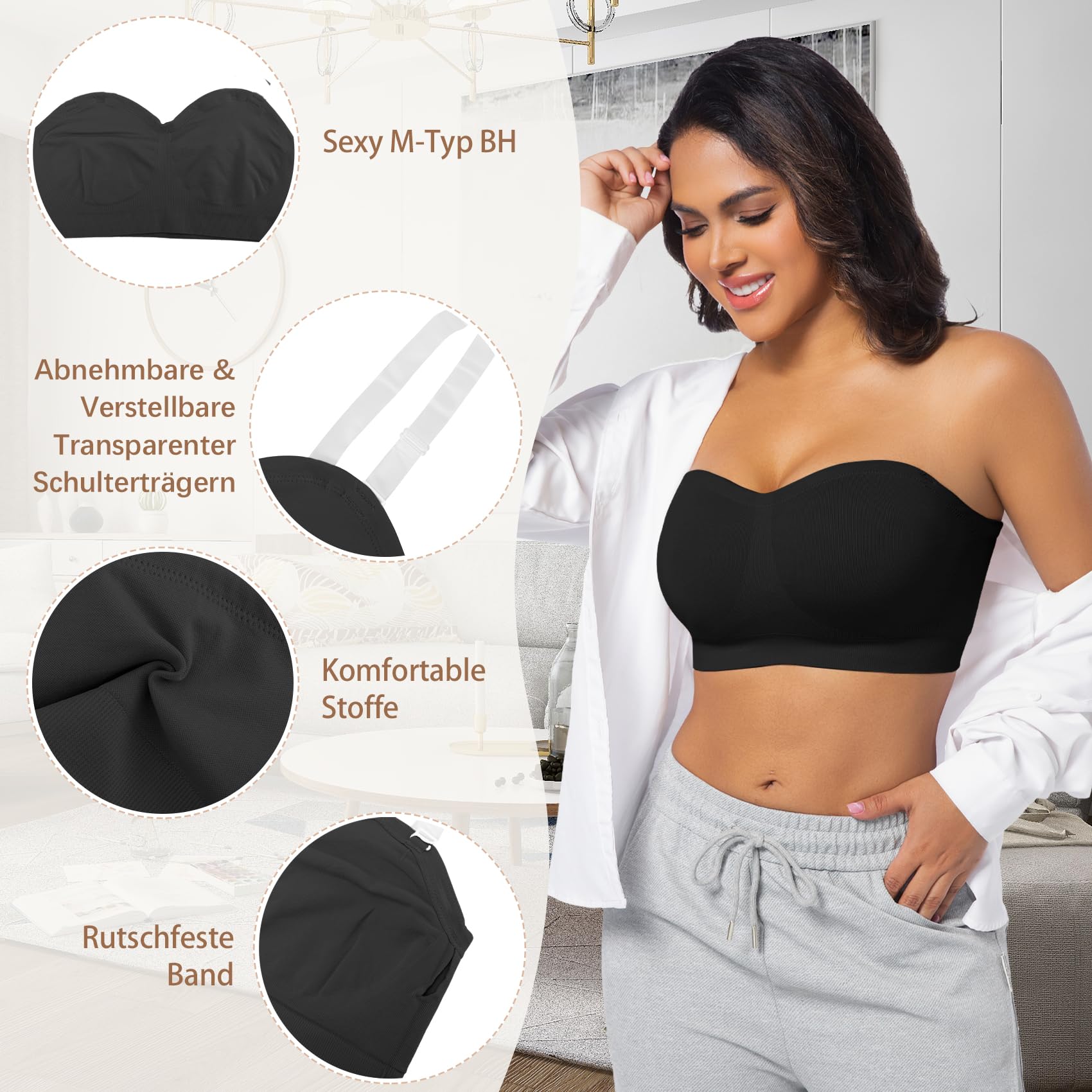 ONEW Nahtlos Bandeau BH Damen Trägerloser Bustier Top ohne Bügel Schulterfrei Bra Tube Top mit Transparenten Trägern