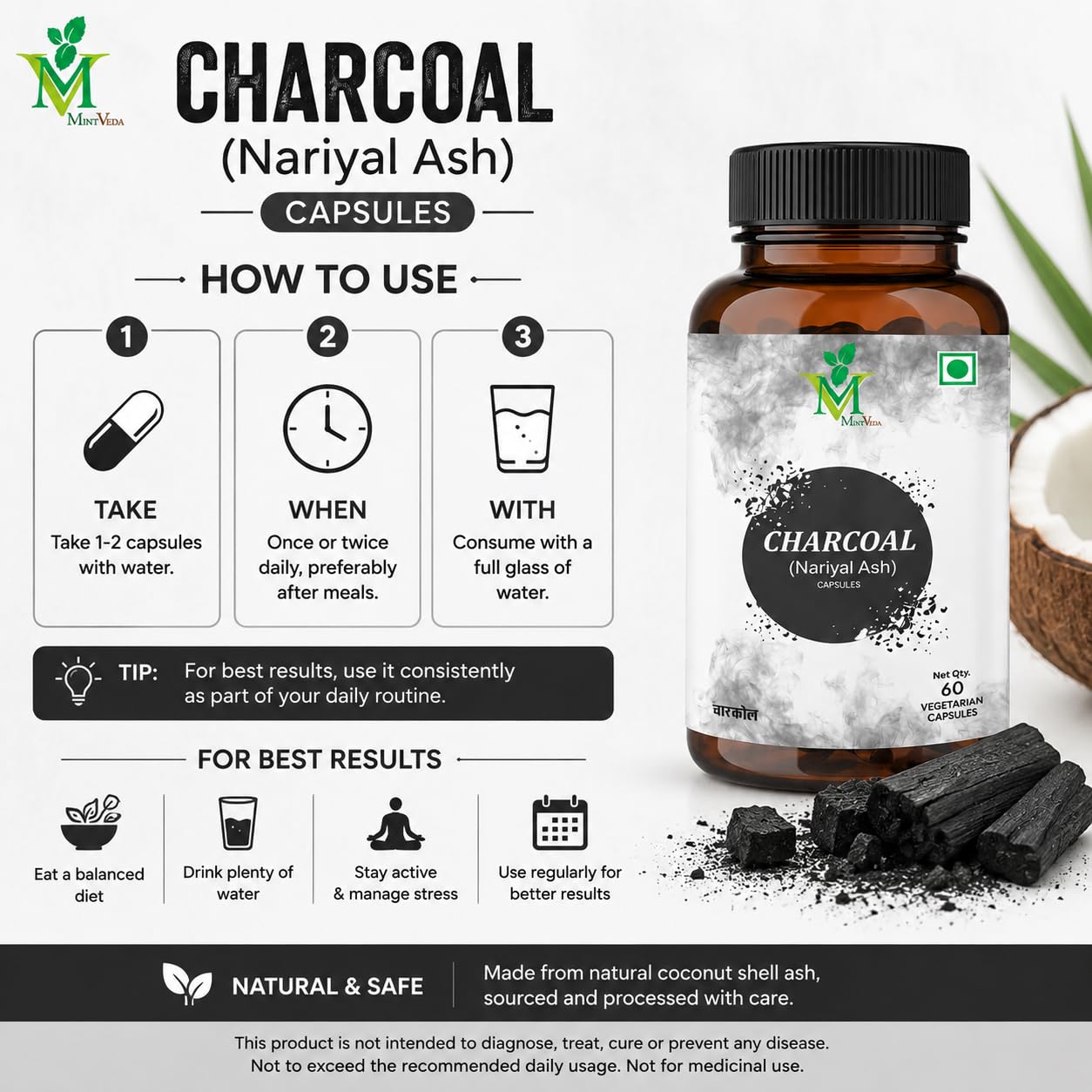 Mint Veda Charcoal Veg Capsules Detox, Bloating Relief, and Teeth Whitening, Gluten-Free, High Absorbency Formula for Men and Women, 60 Veg Capsules 3