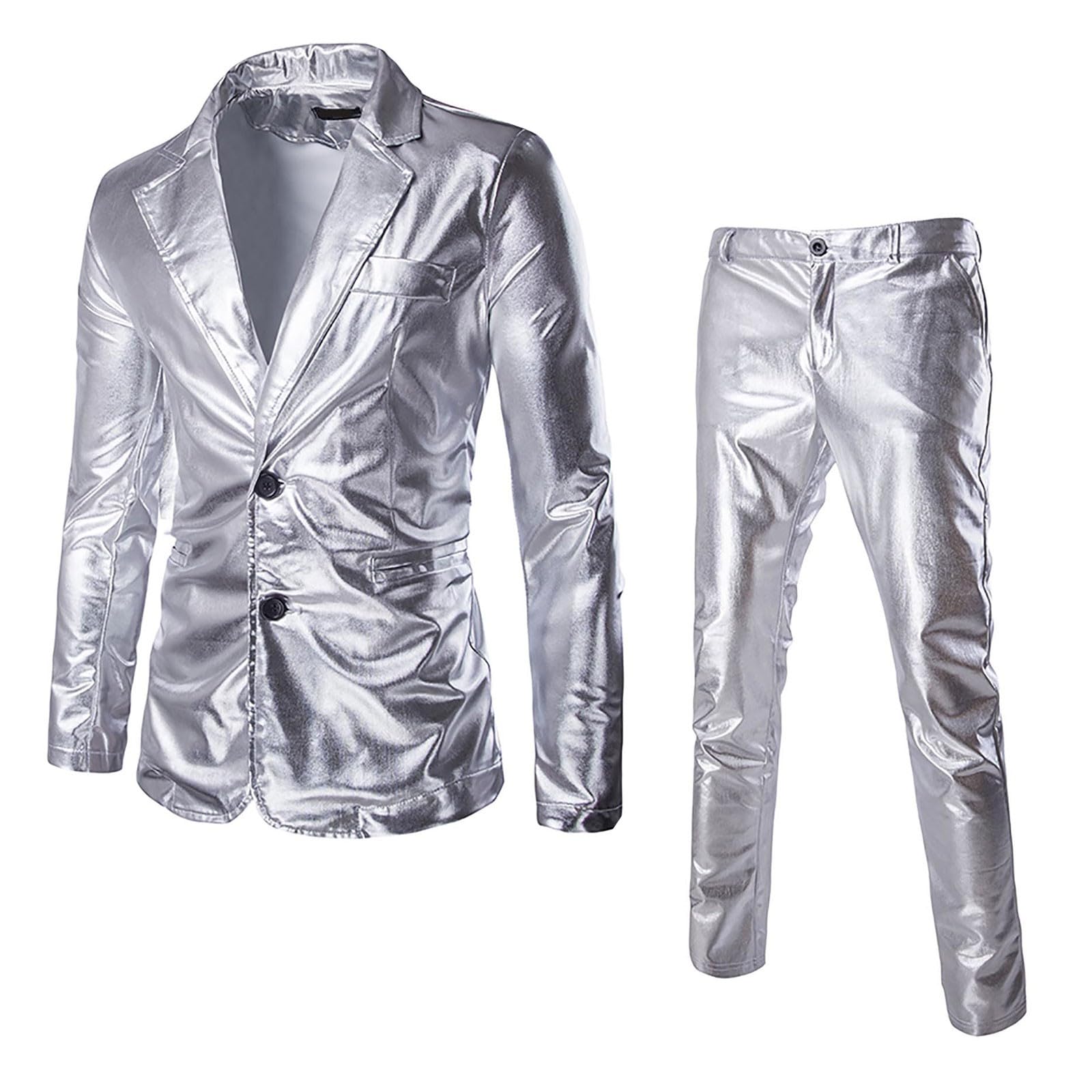 Costume de smoking 2 pièces pour homme - Coupe ajustée - Veste de mariage - Pantalon pour fête disco - Argenté brillant - Tenue de loisirs - Coupe ajustée - 2 pièces - Avec veste de costume et