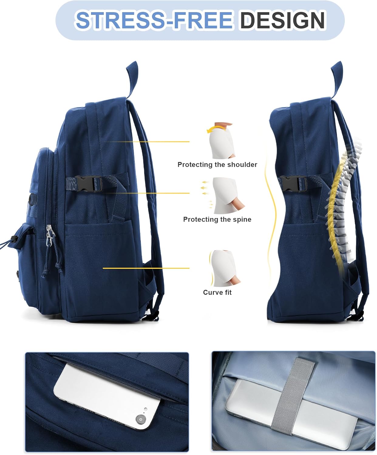 Aesthetic School Backpack for Women Men College Backpack With Lots Of Pockets Waterproof Travel Casual Daypack Cute Bookbag For Teens Girls Boys High School Bag(Blue) - Image 5