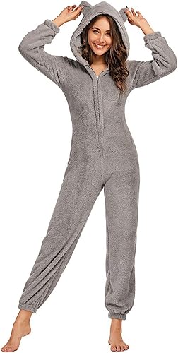 chouyatou Pijama de Romper de Sherpa de Felpa Ultra Cómodo para Mujer con Capucha Linda de Orejas de Felpa