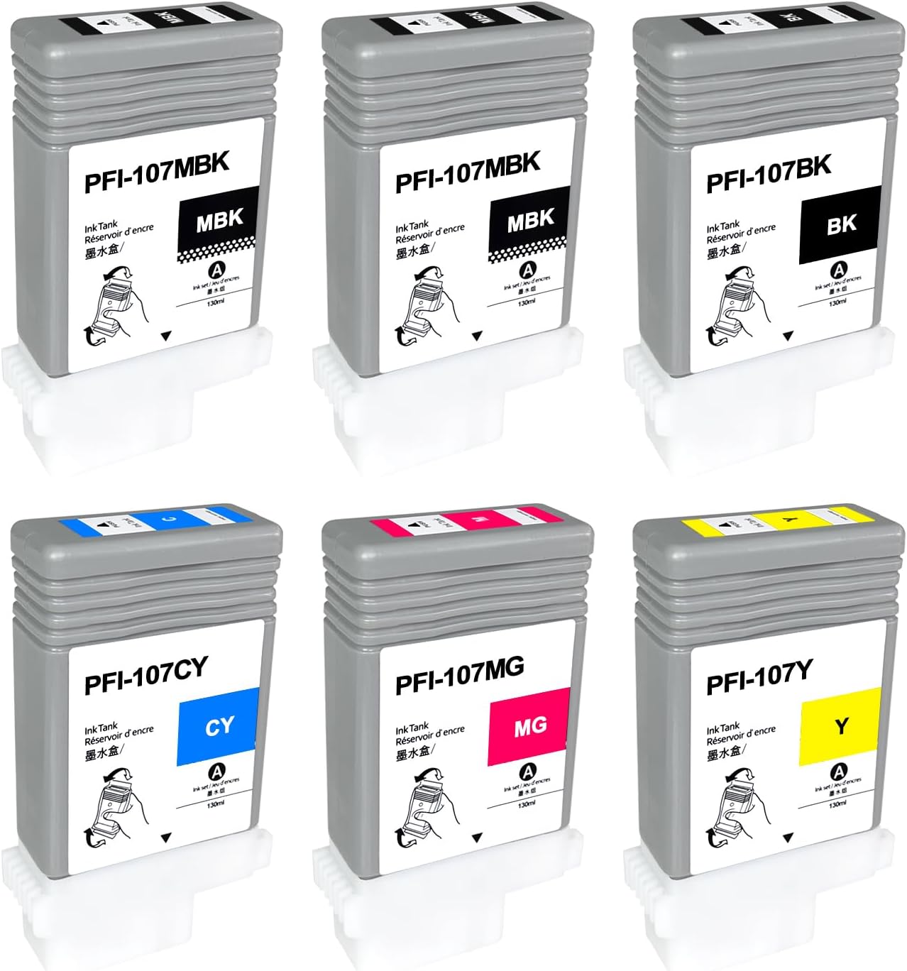 PFI-107 PFI107 Ink Cartridge Replacement for Canon PFI-107MBK PFI-107BK PFI-107C PFI-107M PFI-107Y Ink Tank Compatible with Canon imagePROGRAF iPF670 iPF680 iPF685 iPF770 iPF780 iPF785 6-Pack 130ml