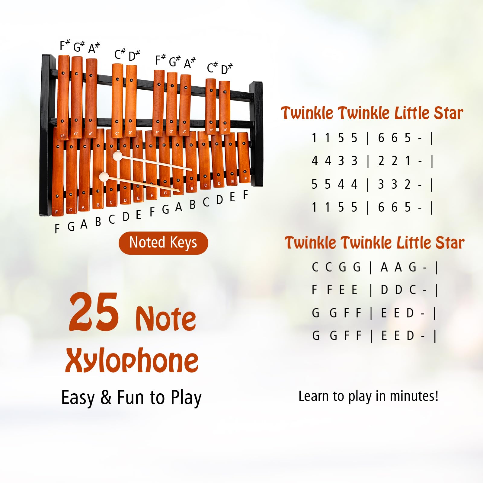 KOMFOTTEU Xilofono 25 note in legno, con 2 bacchette, strumento a percussione a mano, con custodia per il trasporto, strumento musicale per bambini e adulti