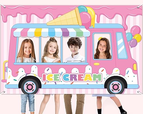 Telón de fondo de camión de helados, decoración de fiesta de helado rosa, accesorios de fotos, suministros de fiesta, postre dulce, pancarta de