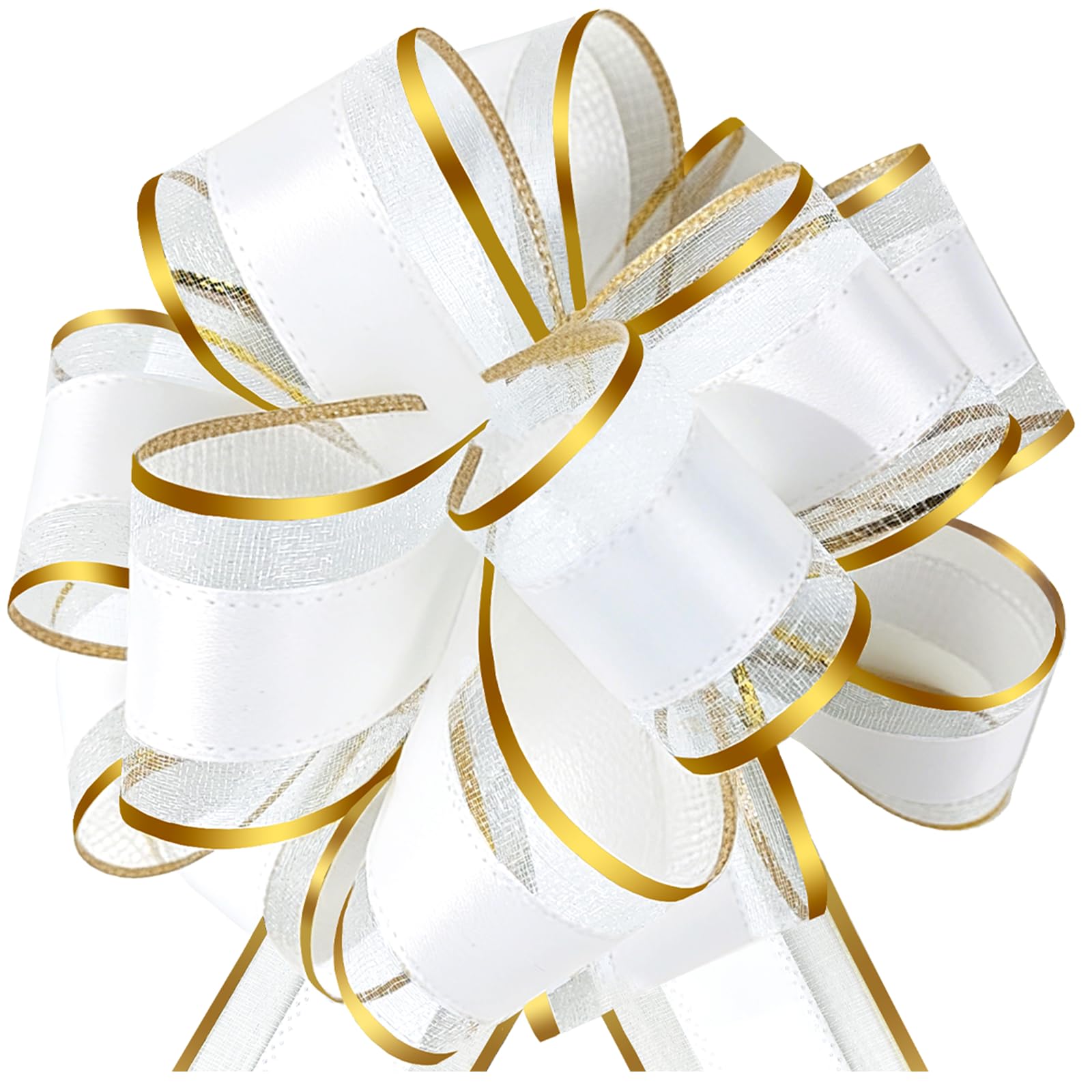 HHXUUAN Large Gift Wrap White with Gold Pull Bows with Clear Instructions.6pcs 7 InchDurable Organza Ribbon Bow for Hampers, Baskets, Wedding, Birthday & Present Decorations