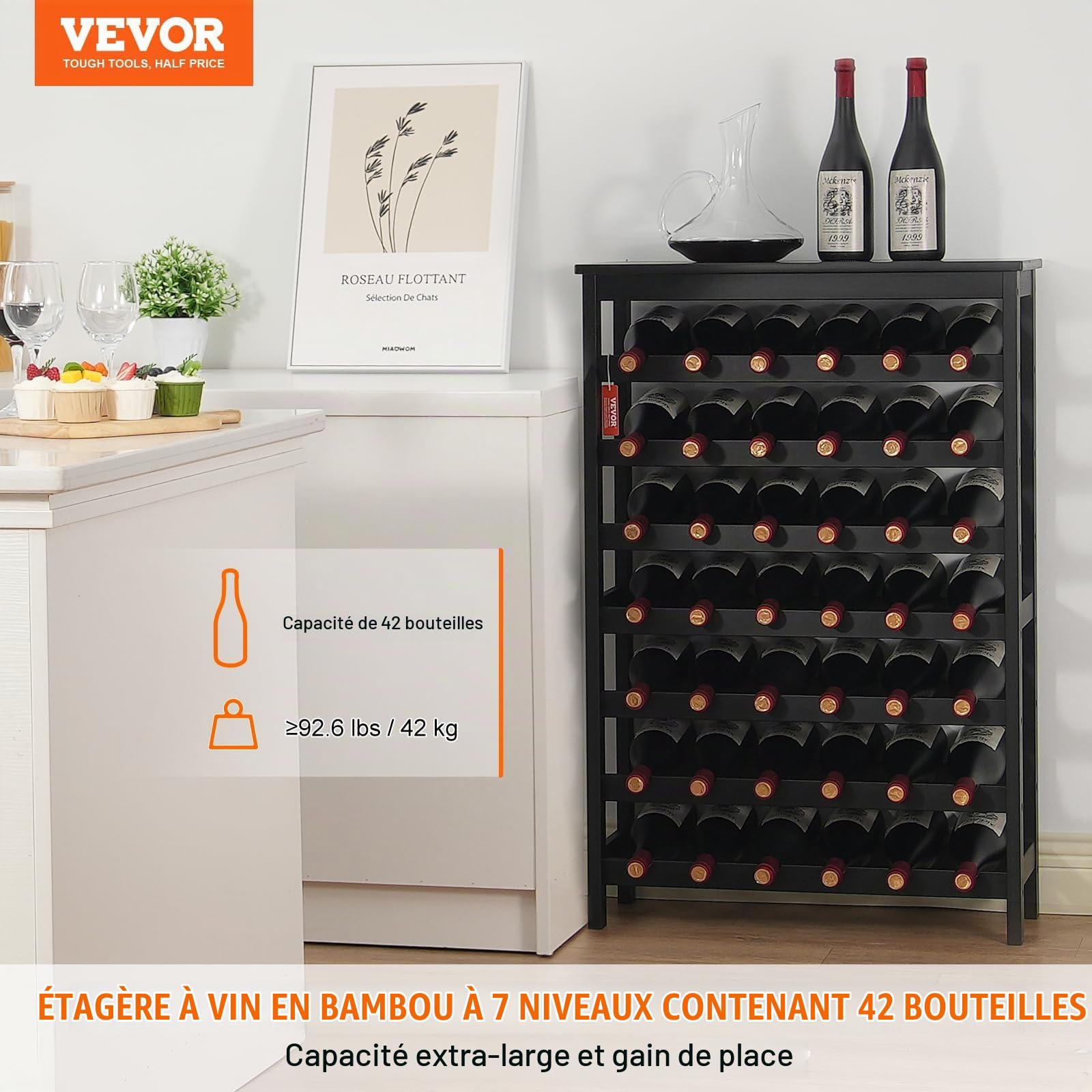 VEVOR Étagère à Bouteilles Modulaire 42 Bouteilles, Casier à Vin Empilable 7 Niveaux, Range Bouteilles en Bambou Massif avec Comptoir, Rangement Présentation de Vin pour Cuisine Garde-Manger Cave Bar