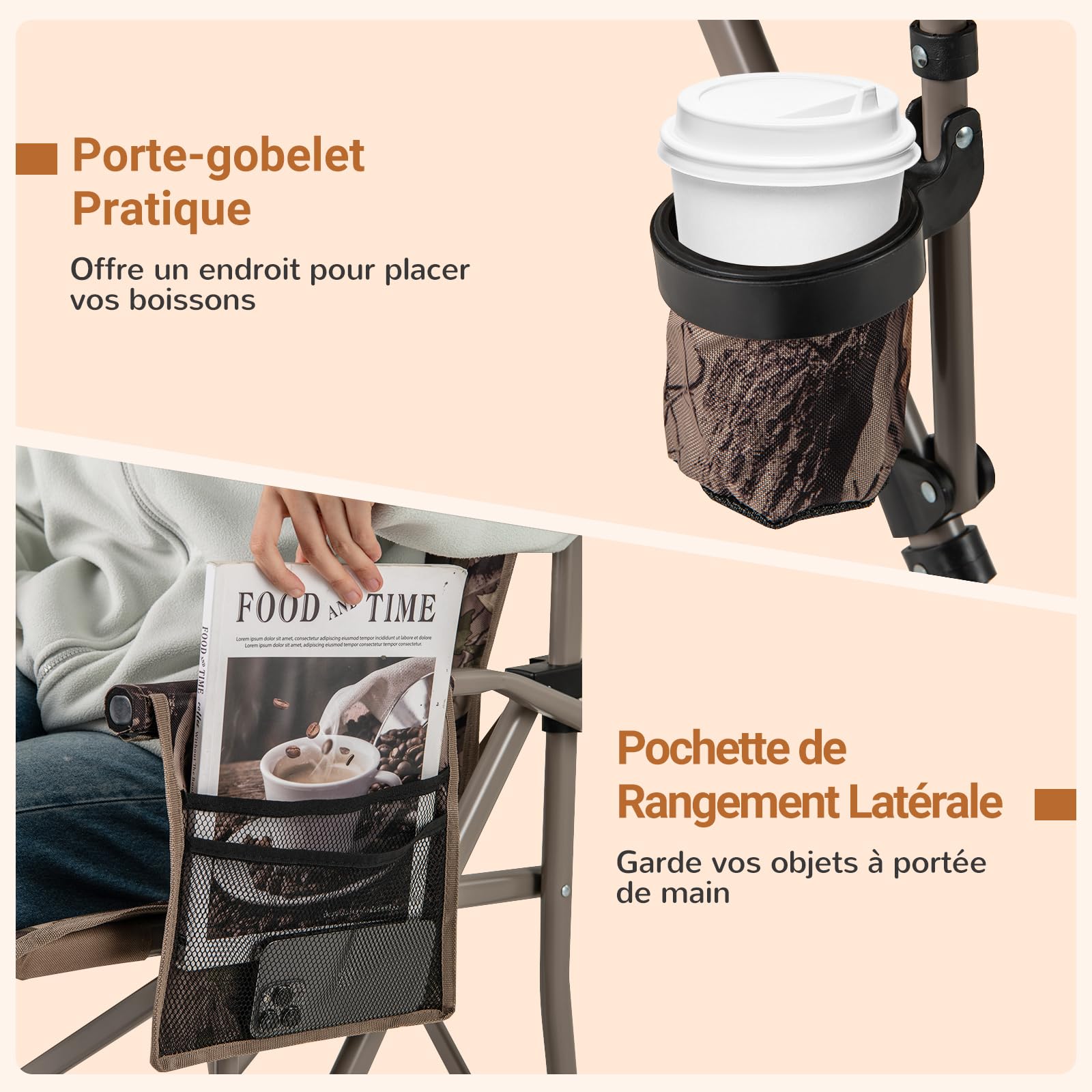 COSTWAY Chaise Pliante Camping, Chaise de Jardin Exterieur, Charge 180 kg, Sac de Transport, Porte-Gobelet, Poche de Rangement, Pieds Réglables, Fauteuil Pliant pour Camping Voyage Pêche, 67 × 62 × 10