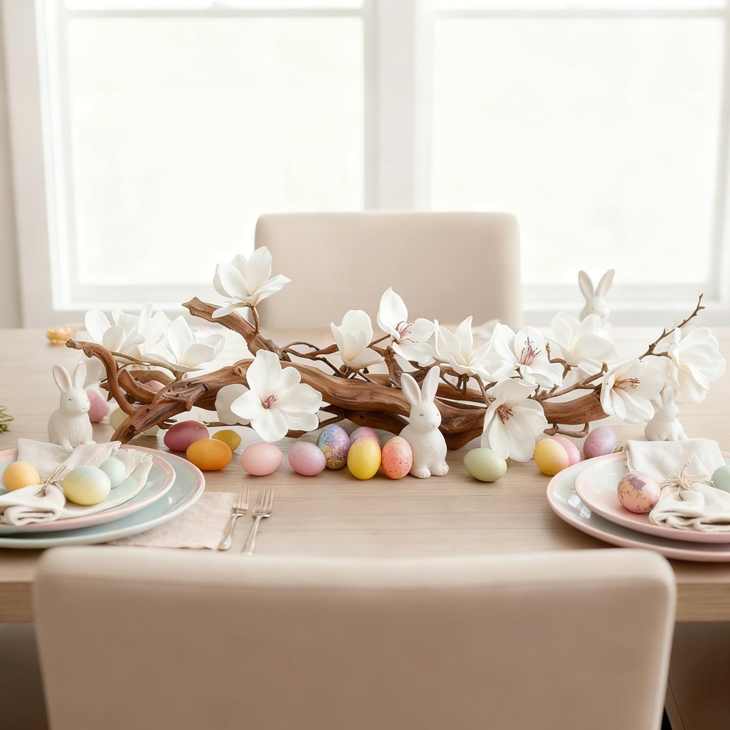 Branch & Wick Co. Easter Farmhouse Table Decor Centerpiece - Magnolia & Vine Driftwood Spring Home Decor - Floral Arrangement for Easter, Brunch, Dining Table, Weddings, & Seasonal Mantel