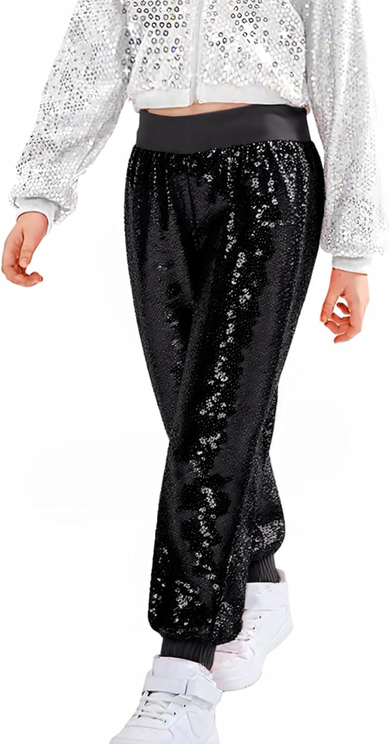 Happy Cherry Kids Girls Sequin Pants Disco Sparkly Trousers Shiny Jogger Pants Jazz Hip Hop Street Dancewear