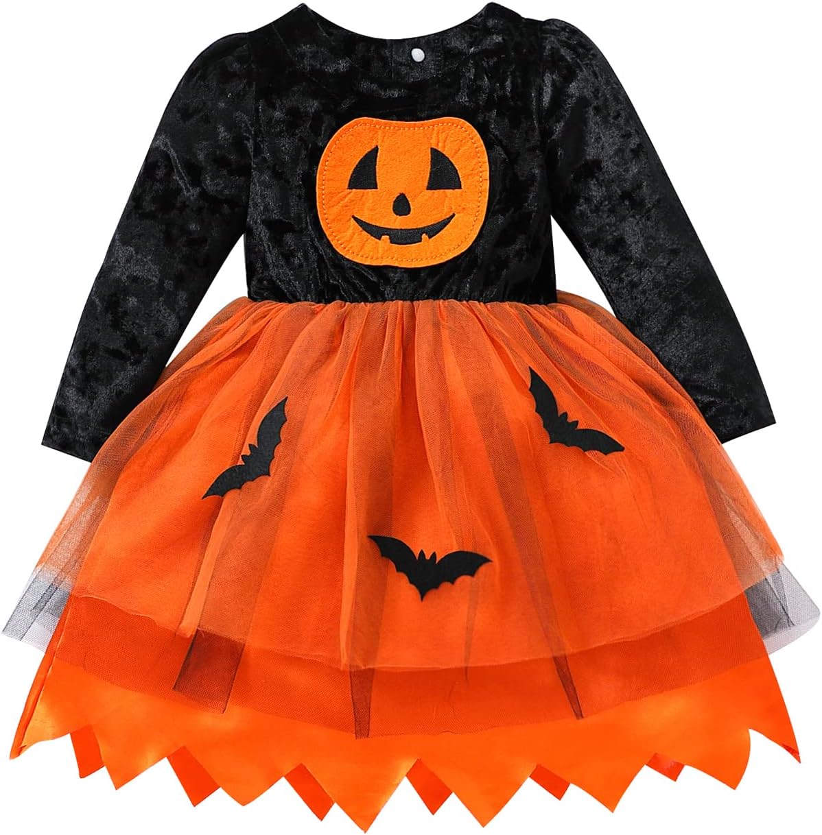 Toddler Baby Girl Halloween Outfit Long Sleeve Round Neck Pumpkin Bat Print Patchwork Layered Tulle Tutu Dress