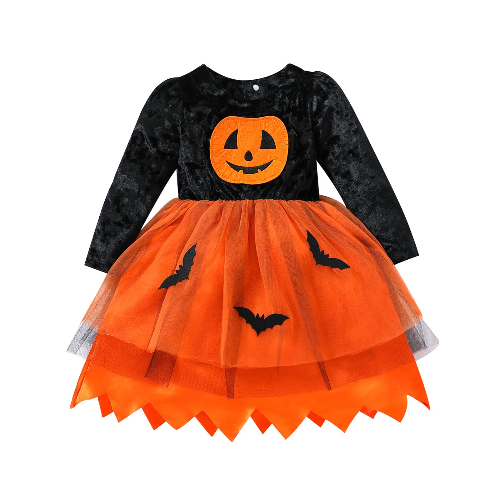 Toddler Baby Girl Halloween Outfit Long Sleeve Round Neck Pumpkin Bat Print Patchwork Layered Tulle Tutu Dress