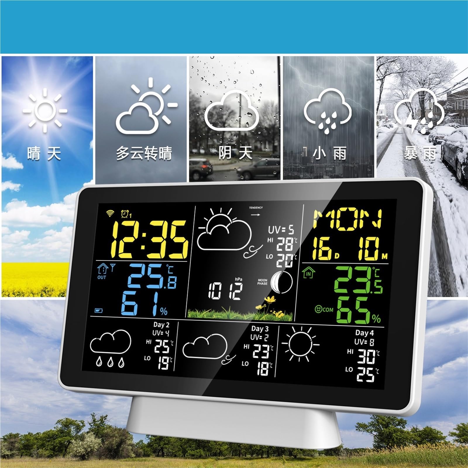 Stacja Meteorologiczna, Stacja Pogodowa WiFi Zegar Kolorowy Ekran Alarm Temperatury I Wilgotności do Ogrodu