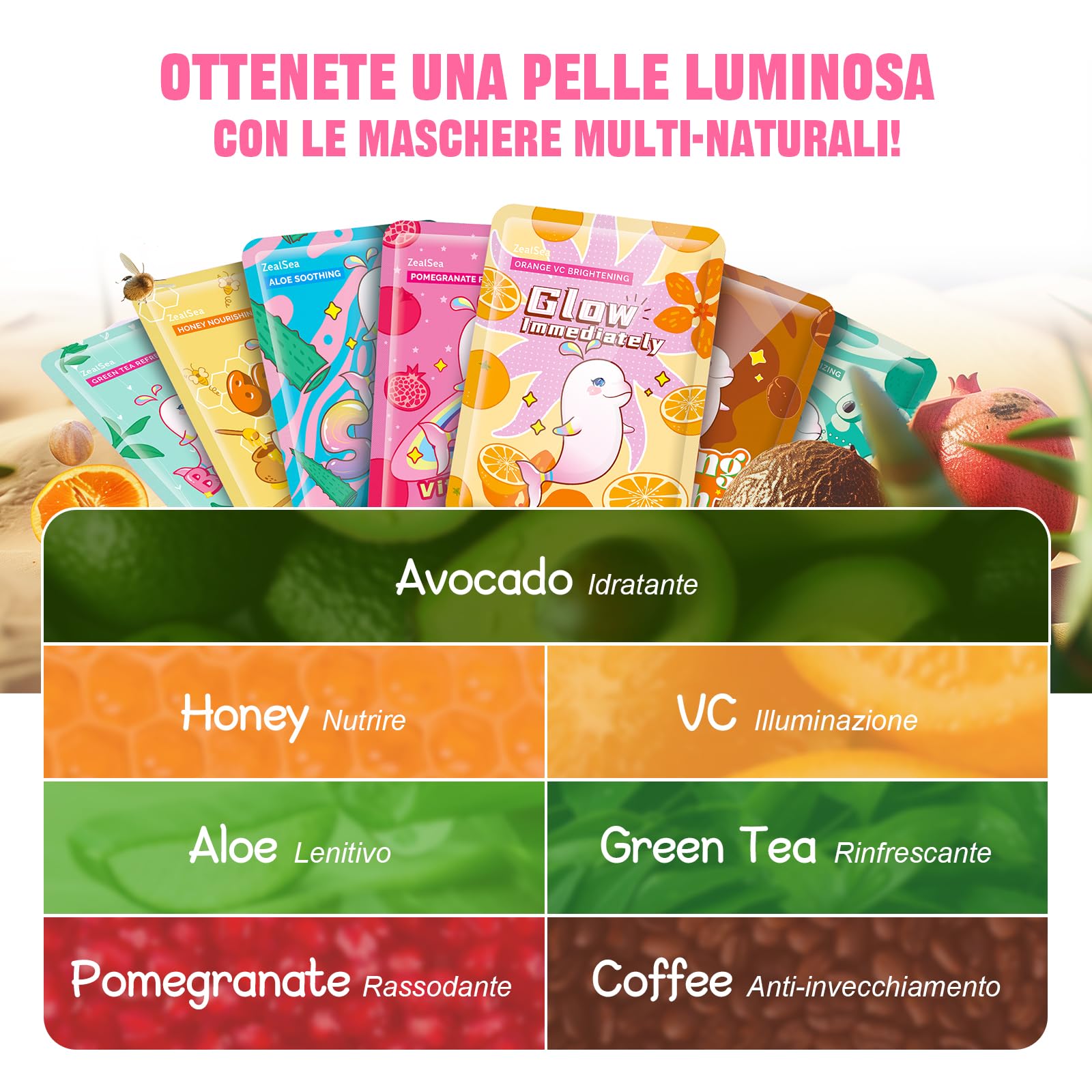 Maschera Viso Idratante, Maschere Viso in Tessuto, ZealSea Multi-effetto Set Maschere Viso per Bambina Ragazza Donne con Formula Naturali, Biodegradabile Sheet Mask per Spa Party, Lenitive Vegan 7pz