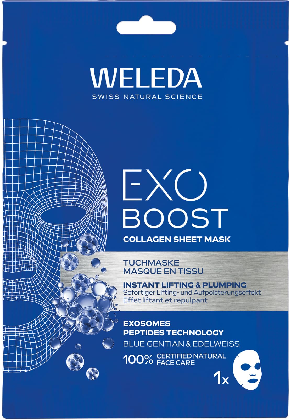 WELEDA Bio Exo Boost Collagen Tuchmaske Blauer Enzian – Naturkosmetik Feuchtigkeit Gesichtsmaske mit Collagen+ Active Complex & EXOSOMES PEPTIDES TECHNOLOGY für straffere Haut & Glow (vegan, 20ml)