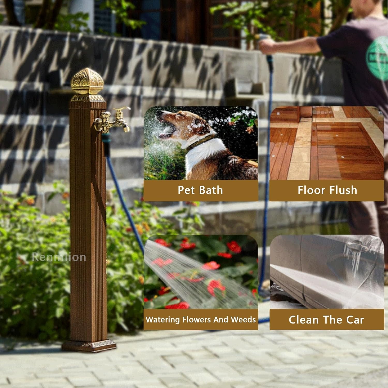 Vertical Square Garden Water Column，Outdoor Antifreeze Faucet Post Freestanding Garden Hose Stand Aluminum Alloy Water Tap Decorative Floor Mount Water Feature Fountain(Height 85cm/33.5in)