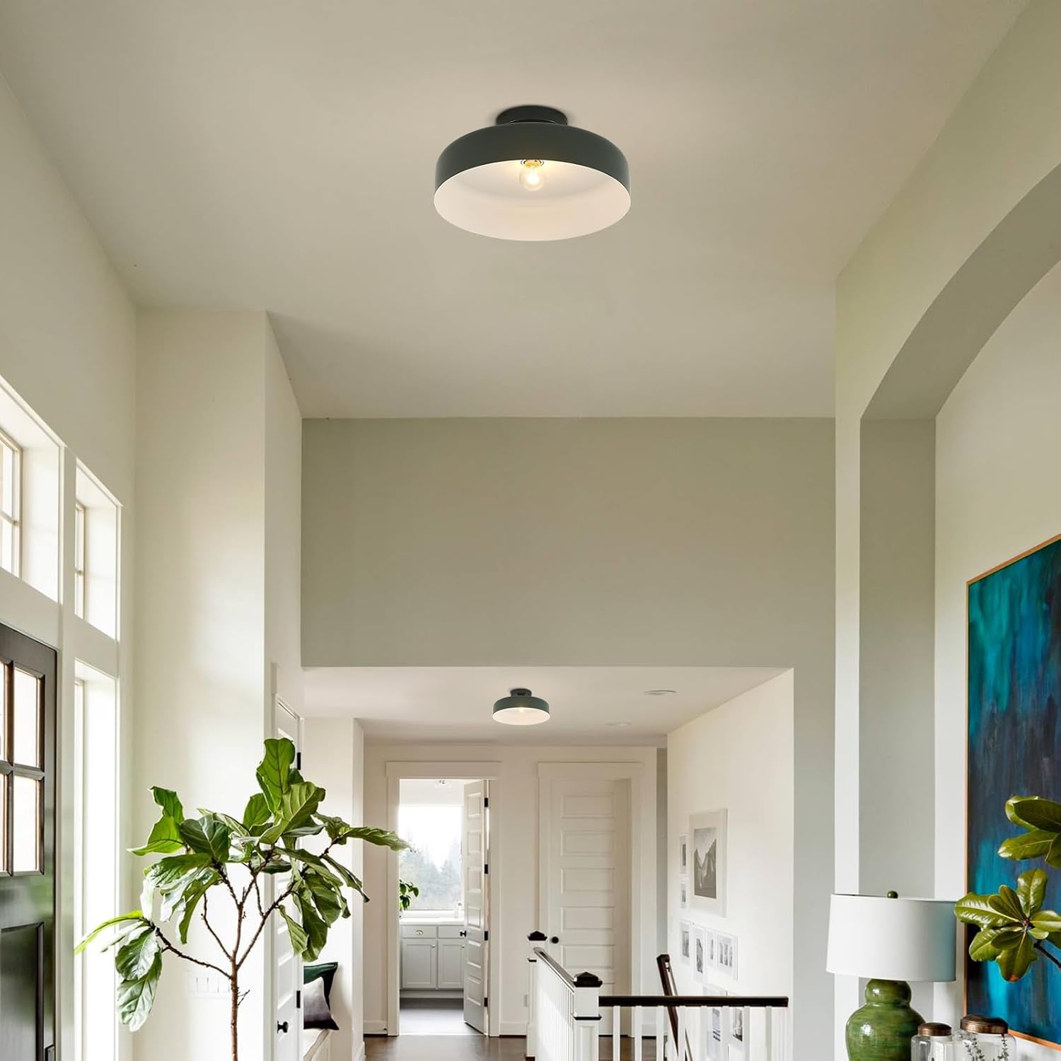 13-Inch Industrial Semi Flush Mount Ceiling Light Vintage Green Light Ceiling Mount Lamp Farmhouse Flush Mount Light Fixture for Hallway Bedroom Foyer Kitchen Entryway