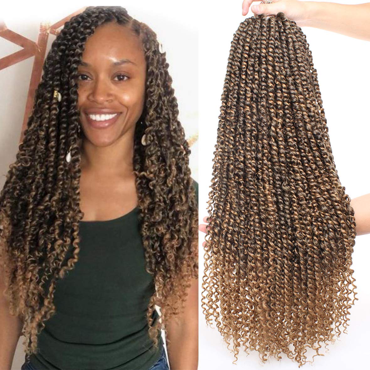 Leeven 22 Inch Pre-twisted Passion Twist Crochet Hair 3 Tones 8 Packs Ombre Brown Bohemian Crochet Passion Braids Hair for Passion Twist Braiding Hair With Curly Ends 96 Strands (1B/30/27#)
