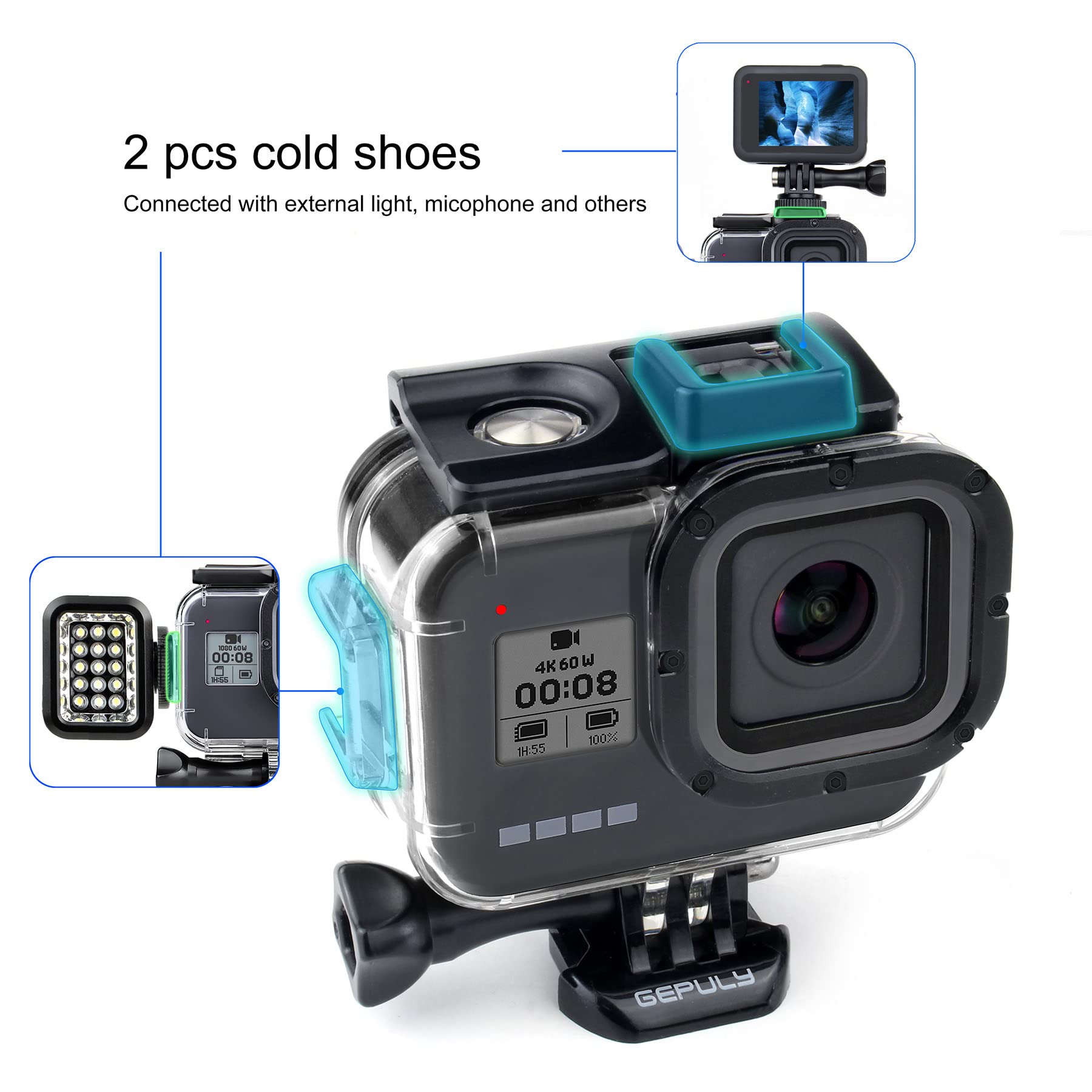 GEPULY Custodia impermeabile per GoPro Hero 8 nero con 4 filtri subacquei, custodia subacquea da 60 m, con filtri rossi, snorkeling, magenta, Close-up per GoPro Hero 8 fotocamera nera