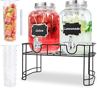 Glass Drink Dispenser with Tap, 2 x 4 Litre Drinks Dispenser with Fruit Infuser & Stand,Water Dispenser with Tap for BBQ, Picnic, Party,Beverage Dispenser,Laundry Detergent Dispenser