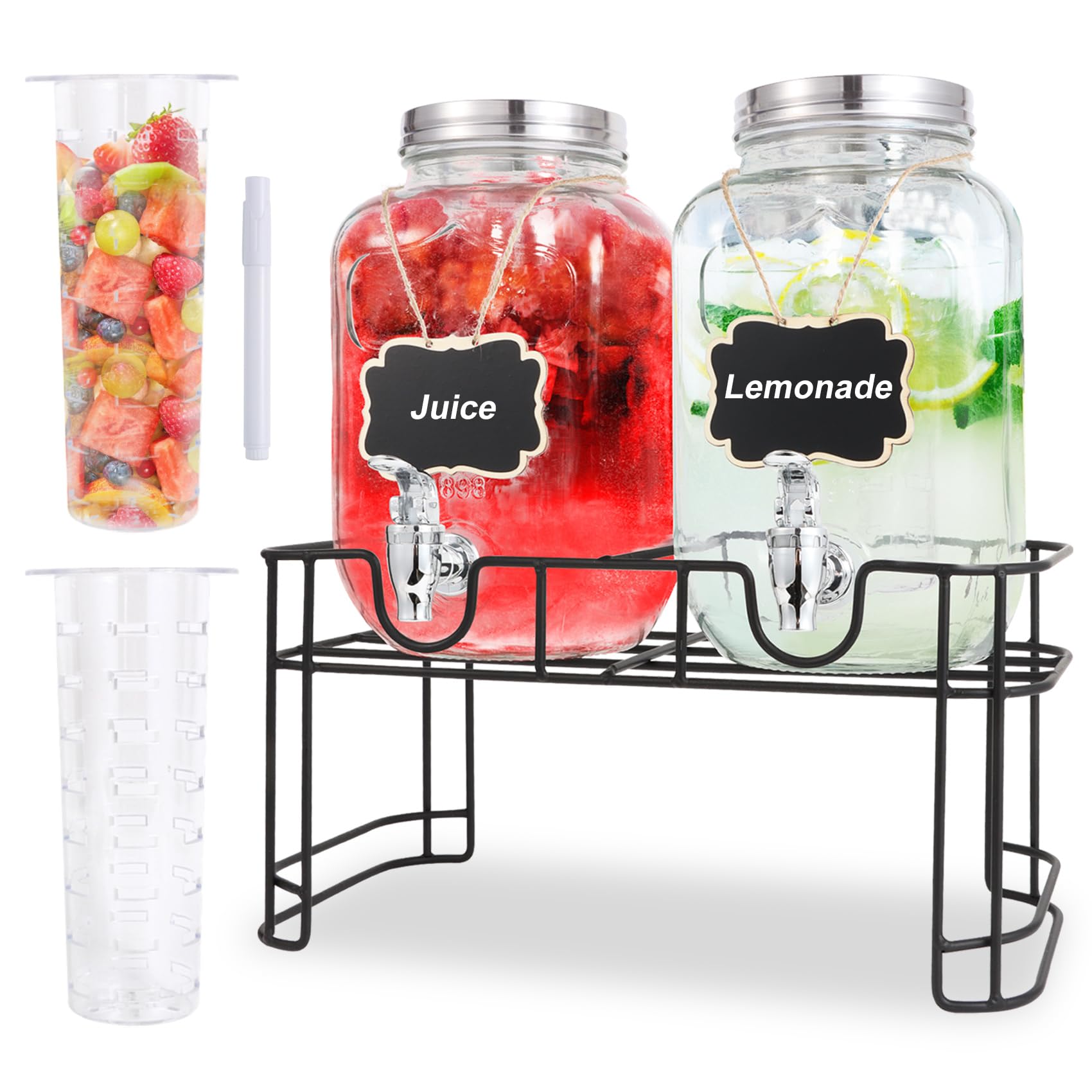 MR.KIANGCI Glass Drink Dispenser with Tap, 2 x 4 Litre Drinks Dispenser with Fruit Infuser & Stand,Water Dispenser with Tap for BBQ, Picnic, Party,Beverage Dispenser,Laundry Detergent Dispenser