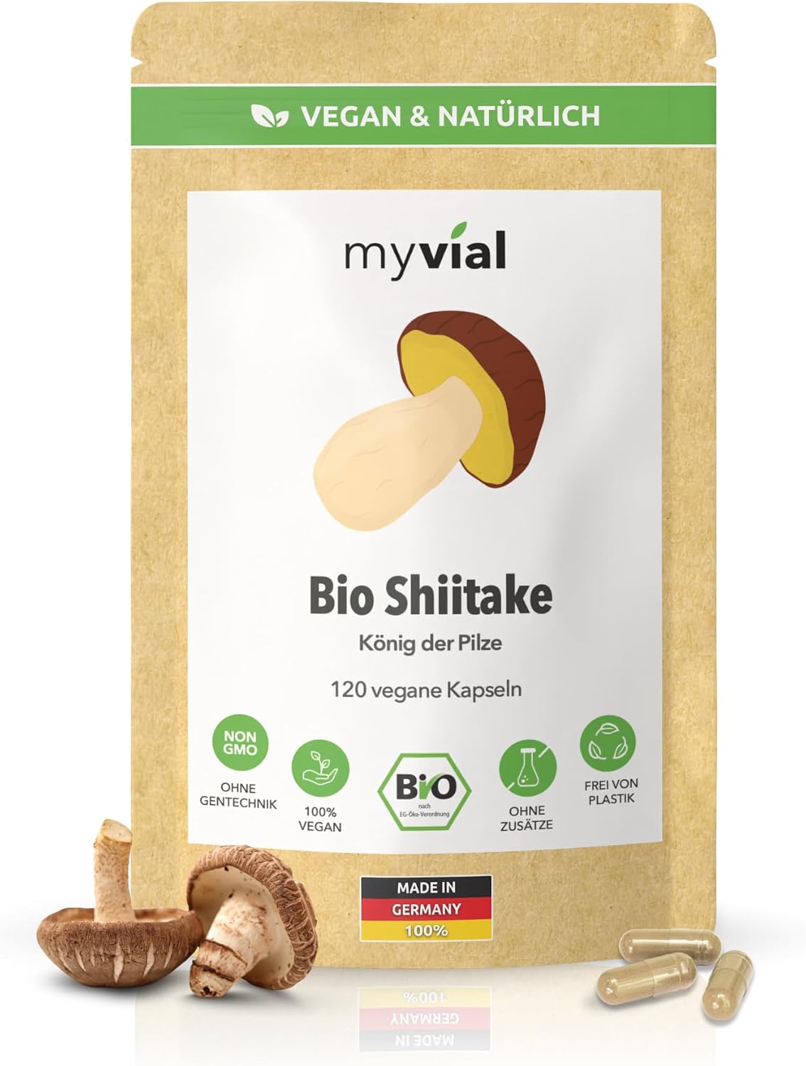 organic shiitake capsules - pack of 120 - high dose with 500 mg mushroom powder per capsule - 100% fruit body - vegan no additives plastic free - 60 days supply - made in Germany