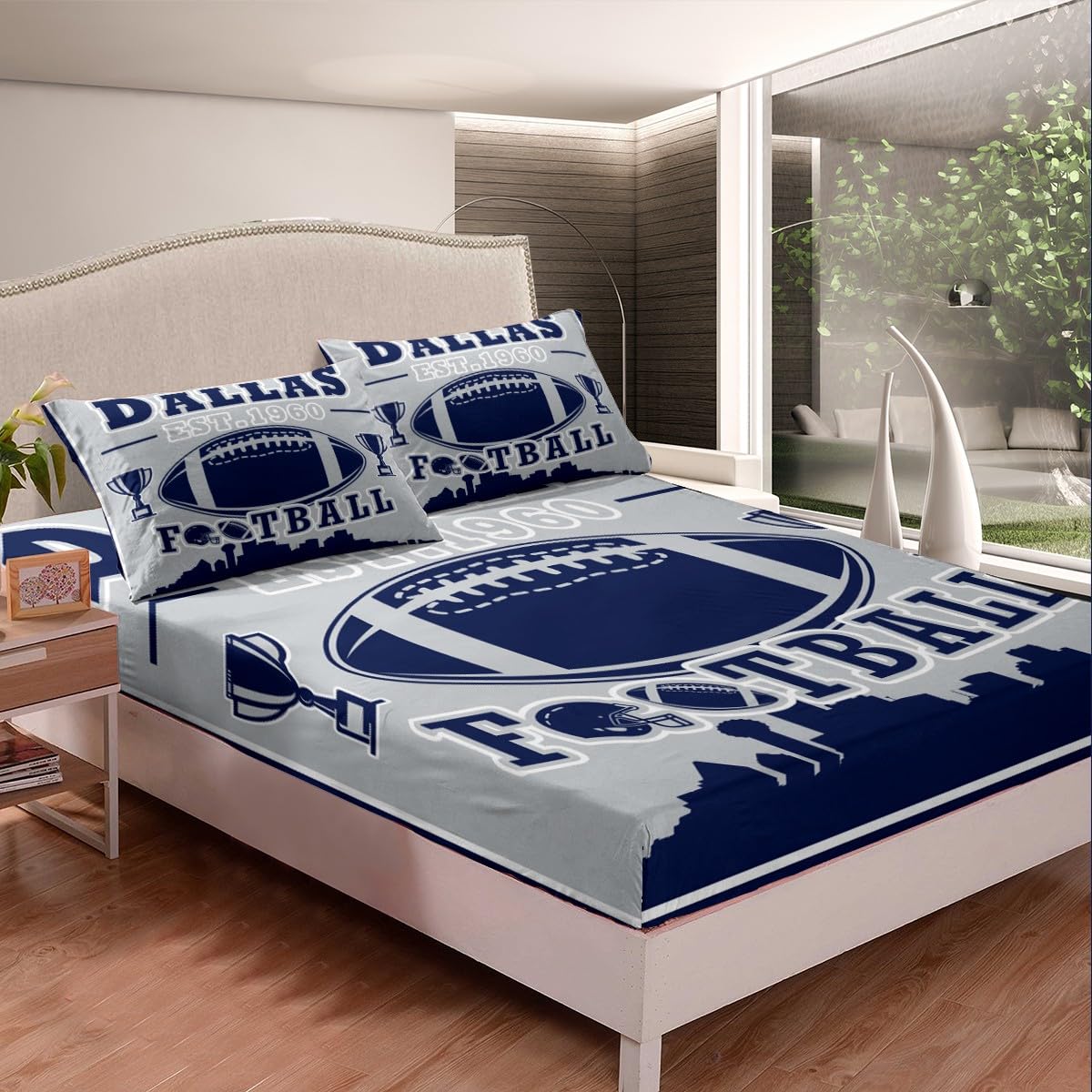 Erosebridal American Football City Fitted Sheet Queen Size,Rugby Sports Bed Sheets for Kids Teens Boys,3D Football Game Bedding Set for Sports Lovers,Blue Gray City Silhouette Bed Set(Dallas)