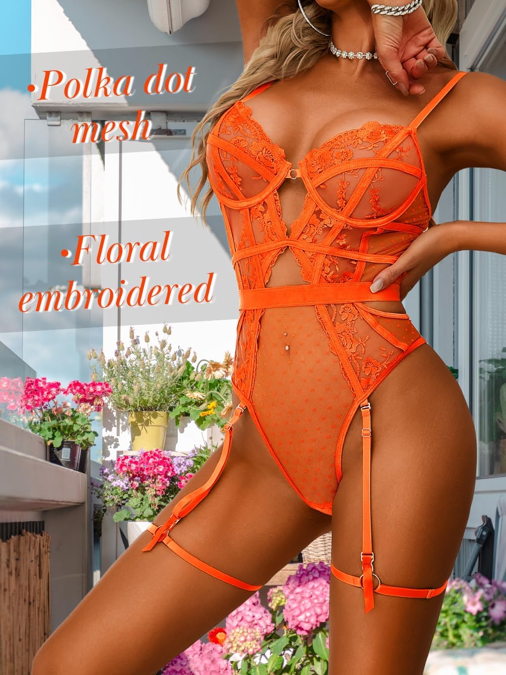 Kaei&Shi Floral Embroidered, Underwire, Removable Garter, Thigh Straps, Backless Bodysuit