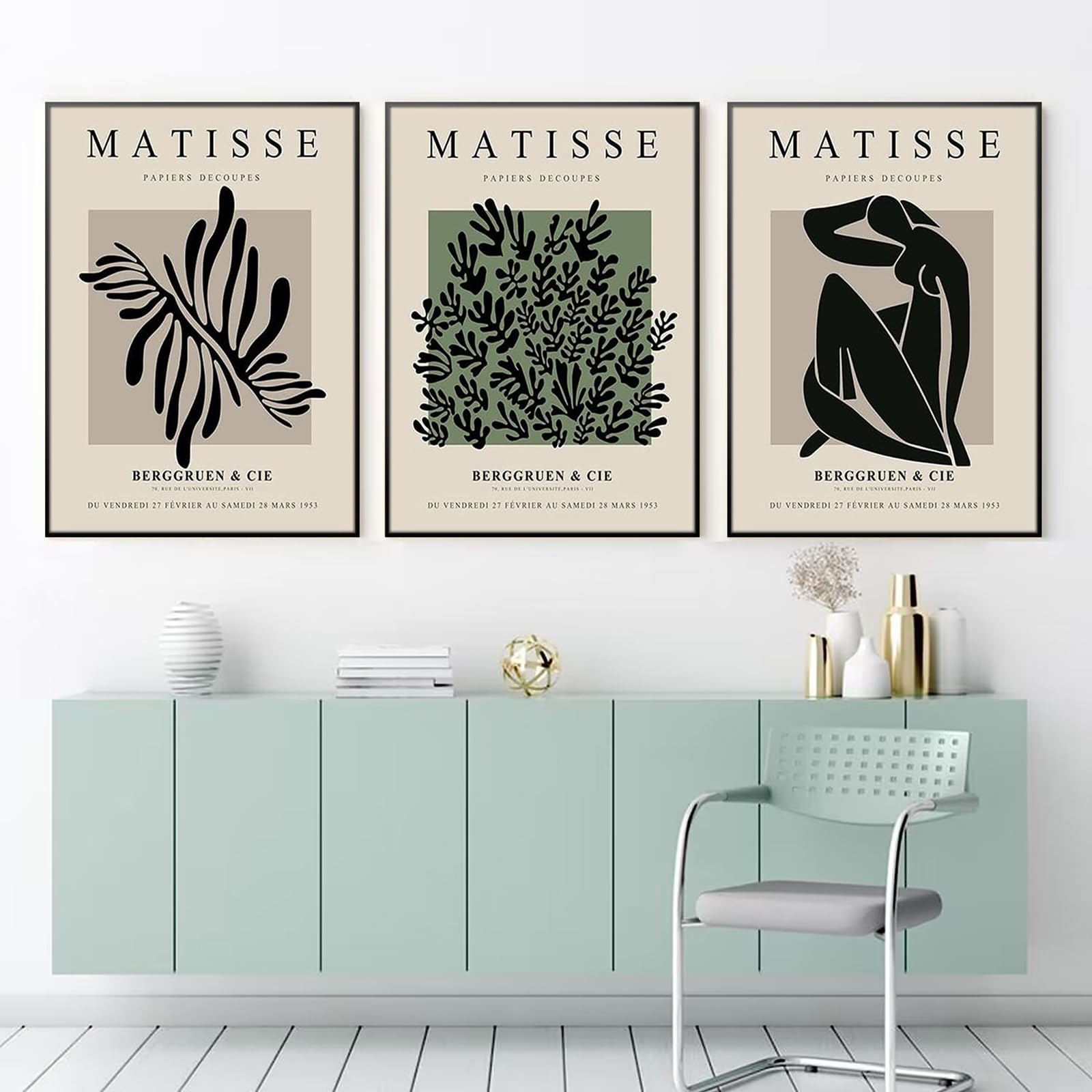 ZBELLO Set of 3 Posters, Beige and Black Plant-Themed Canvas Prints, Abstract Matisse-Style Posters, Vintage-Style Canvas Prints, for The Living Room, Bedroom, Bathroom or Office, Unframed (40x50cm)