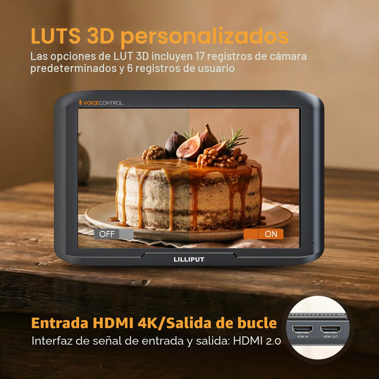 LILLIPUT V7 7 Pulgadas Monitor de cámara,1920 x 1200 Monitor vídeo, 3D LUT,320g,Control Mediante Rueda y Control por Voz en inglés,HDR,4K 60Hz, HDMI 2.0,Placa para batería NP-F,Negro, Incluye Parasol