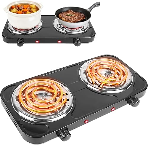 Miniatura 13 de Placa caliente de 2000 W, estufa eléctrica portátil para encimera, quemadores dobles con control de temperatura de 5 niveles y asas que se mantienen
