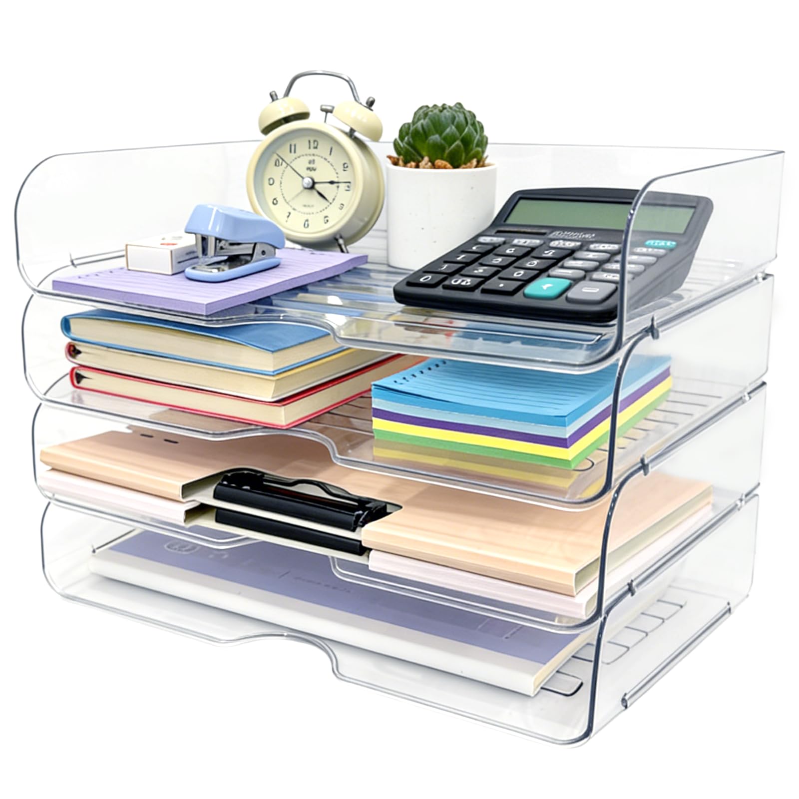 Nbbeng Transparent 4 Pack Desk Organiser File Holder, Paper Letter Tray Organiser, Stackable Letter Tray For Desk, Document Organisers Trays For Magazines, Notes, A4 File Paper, Letters, Books