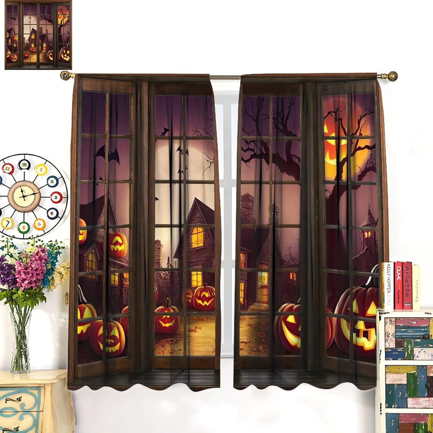 Halloween Curtains, Window Haunted House Spooky Graveyard Pumpkin Full Moon Bat Horror Forest Spooky Theme, Kids Bedroom Living Room Blackout Decorative Curtains,42X45 Inch