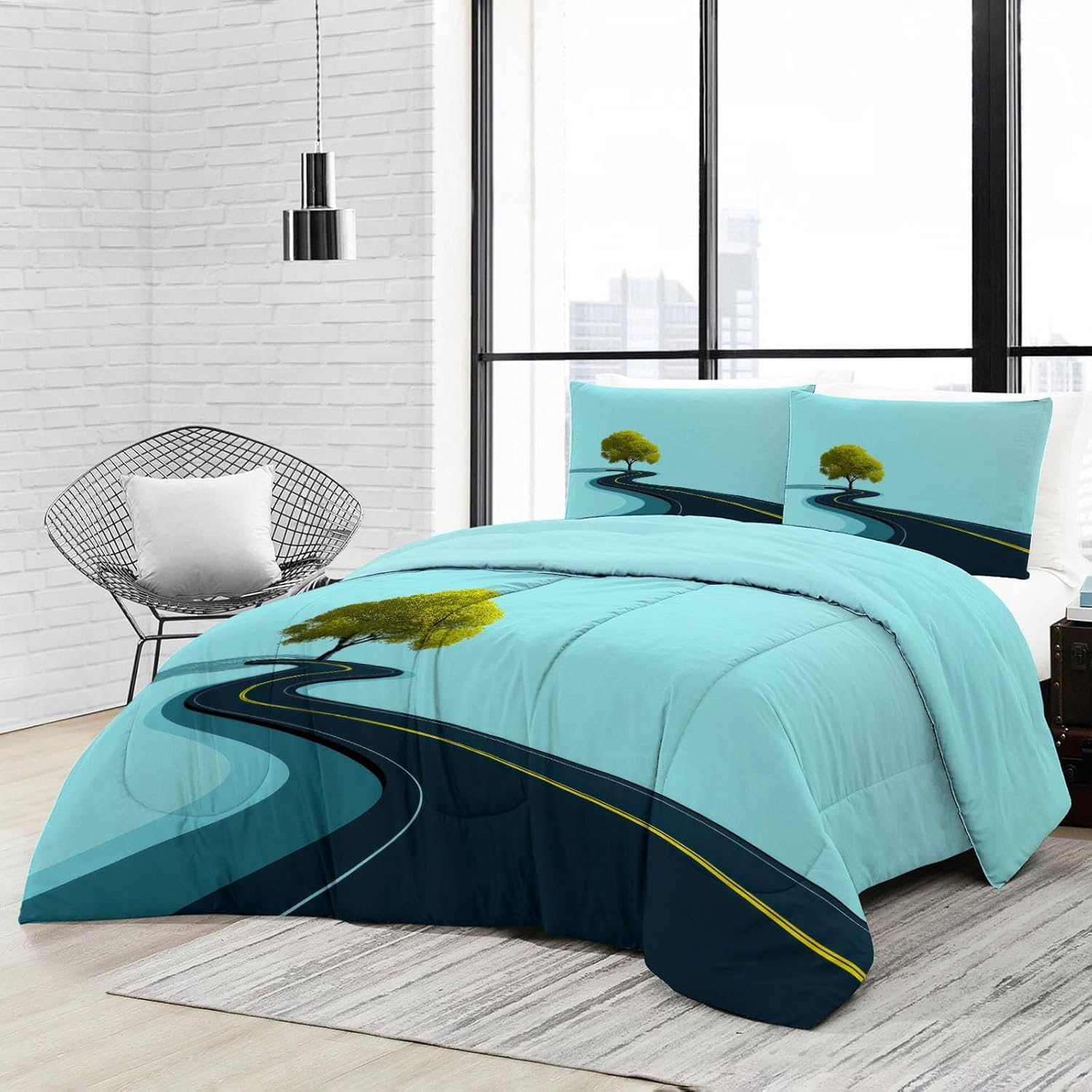 Bedding Minimalism Comforter Set Twin, Lightweight Soft 3 Piece Cartoon Road Tree Stripes Comforter for Teens Boys Girls Adults Room Decor, Bedding Set All Season (68" x 90")